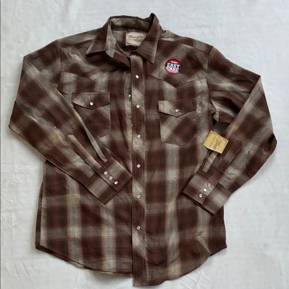 Wrangler Brown and Cream Plaid Button-Down Western Shirt